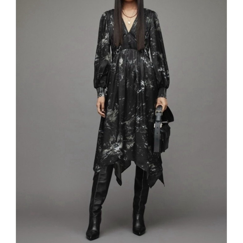 ALLSAINTS Estelle Titania V-Neck Midi Dress Black Silk Whimsigoth Witchy Fairy